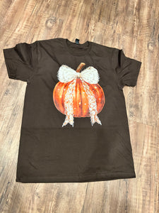 Chocolate brown with rust glitter pumpkin with cream bow fall t-shirt