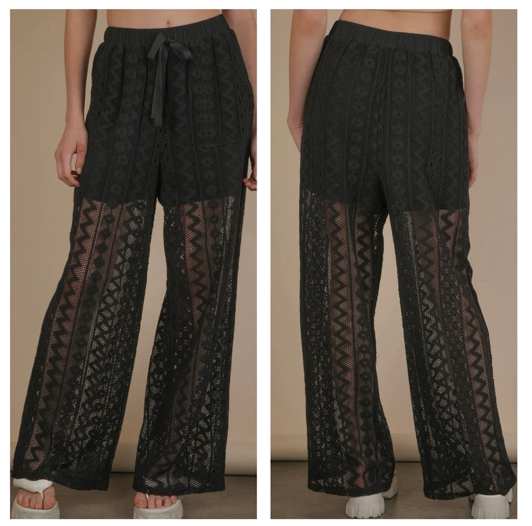 Black crotchet open knit pants with built in liner