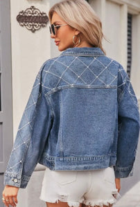 Denim & pearls diamond pattern denim jacket