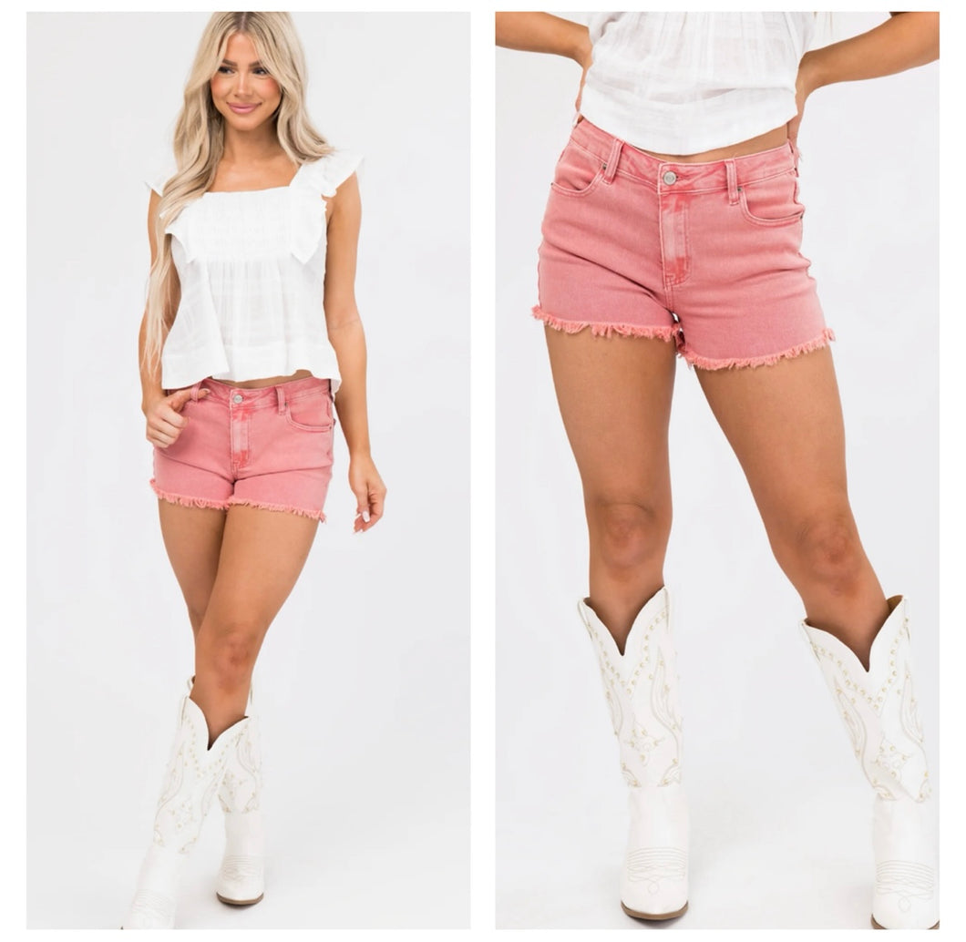 Coral Pink Tattered edge denim shorts