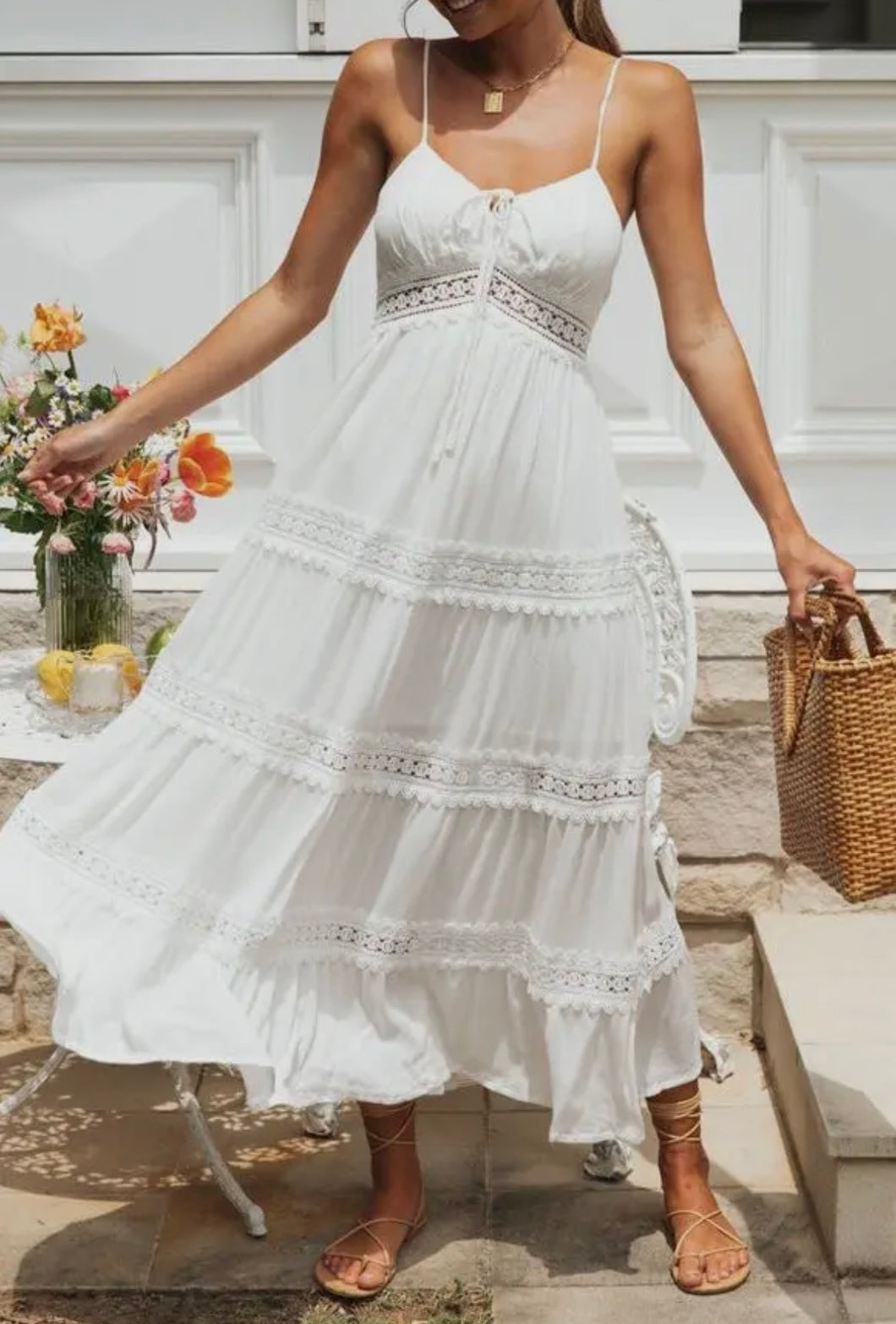 White maxi dress with crotchet accent