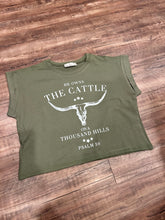 Load image into Gallery viewer, Olive green steer head he owns the cattle on a thousand hills psalm 50 western t-shirt
