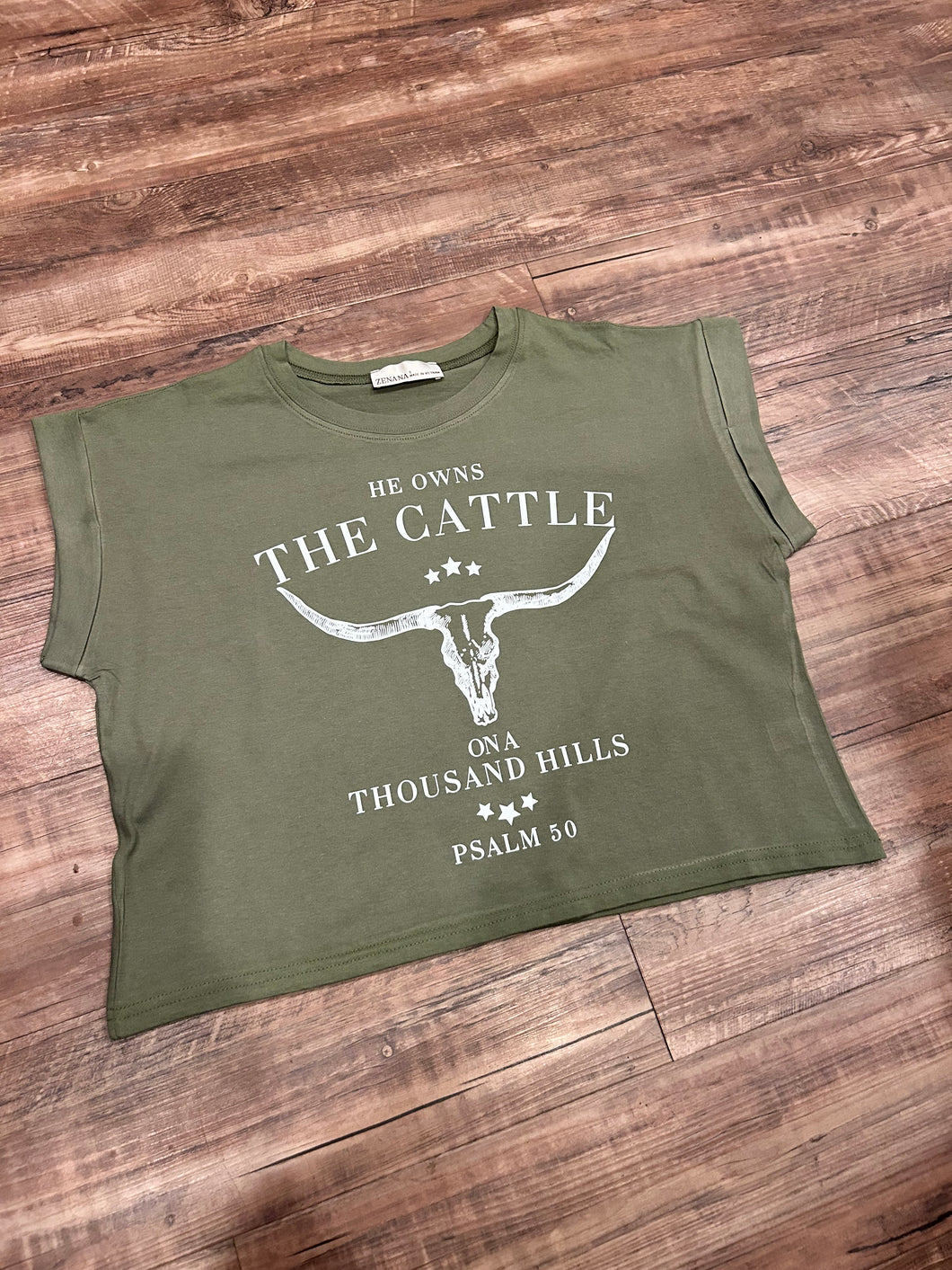 Olive green steer head he owns the cattle on a thousand hills psalm 50 western t-shirt