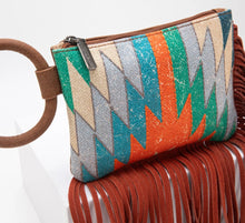Load image into Gallery viewer, Saddle brown multi rust fringe wristlet with long strap Montana west
