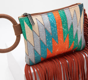 Saddle brown multi rust fringe wristlet with long strap Montana west
