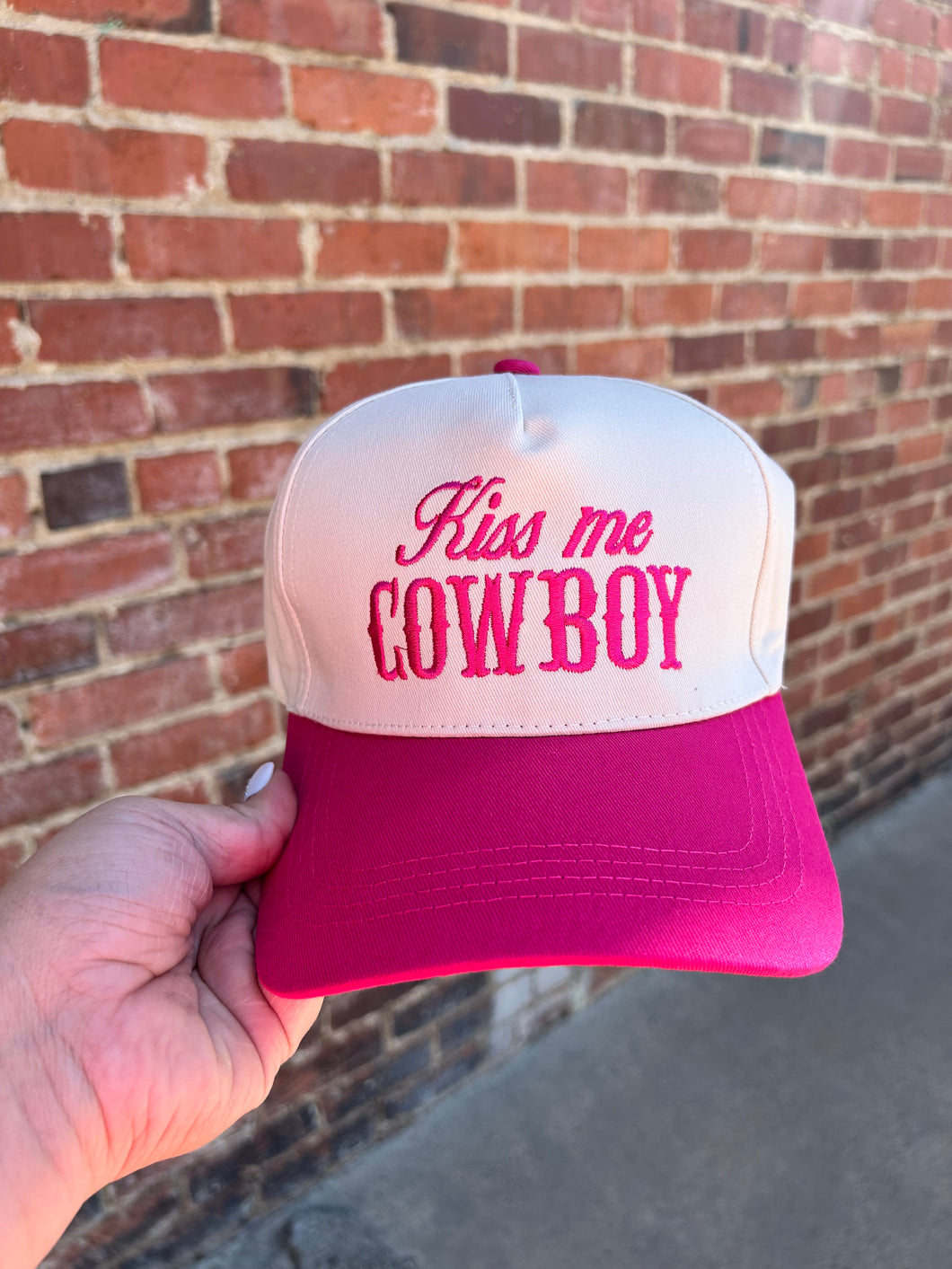 Ivory & Hot Pink Kiss me Cowboy embroidered hat with adjustable back