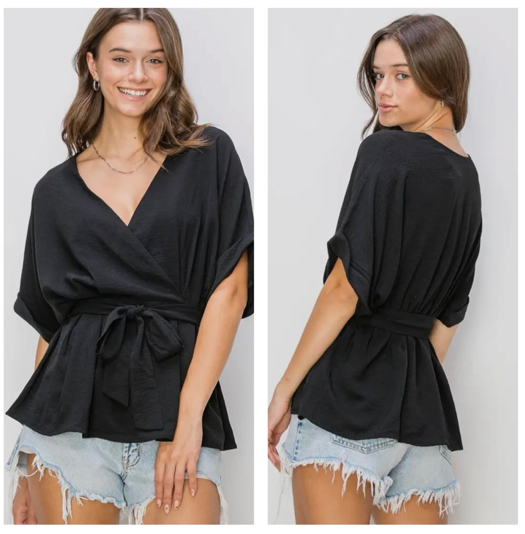 Black short sleeve bow top