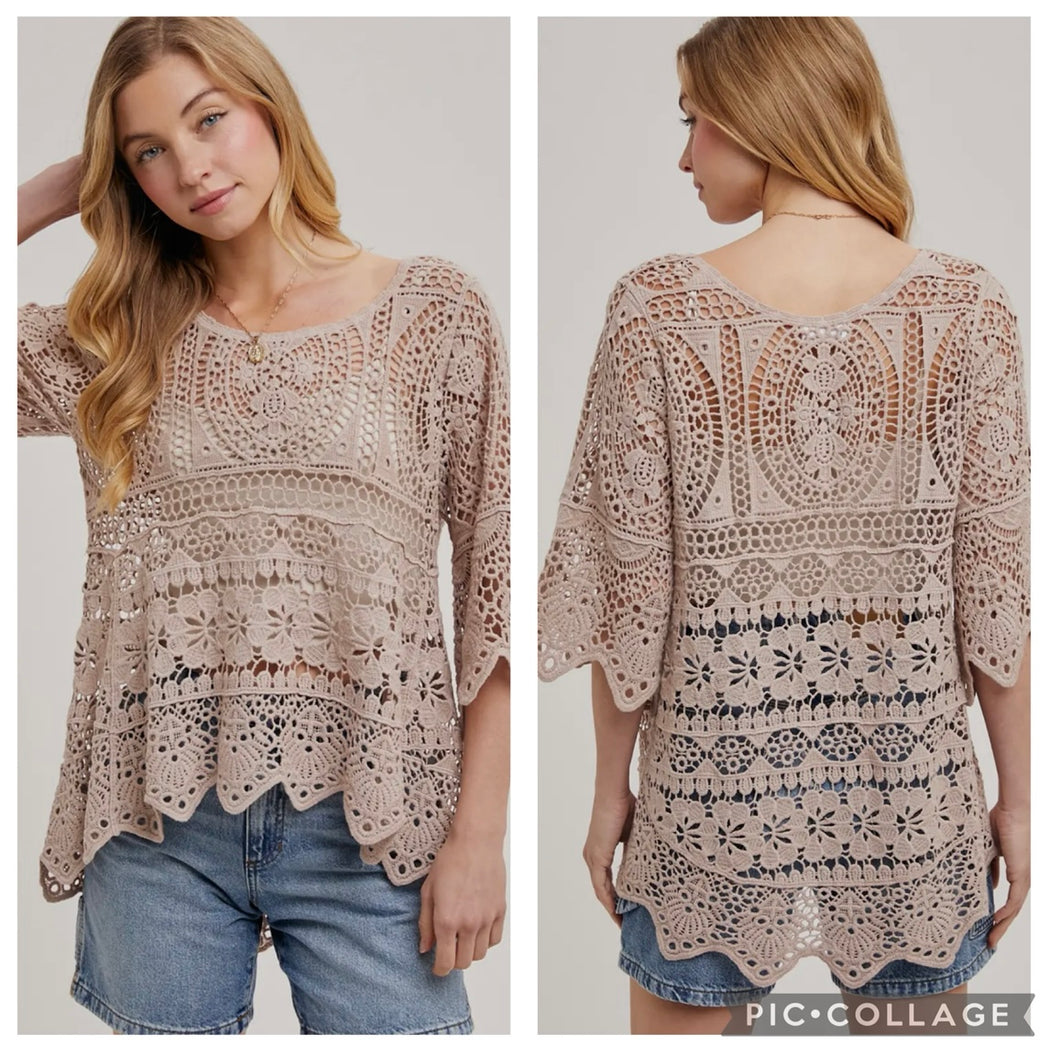 Mocha 3/4 sleeve crotchet hi-low top