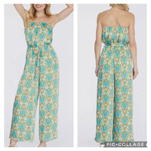 Load image into Gallery viewer, Teal, cream &amp; mustard multi medallion strapless jumpsuit
