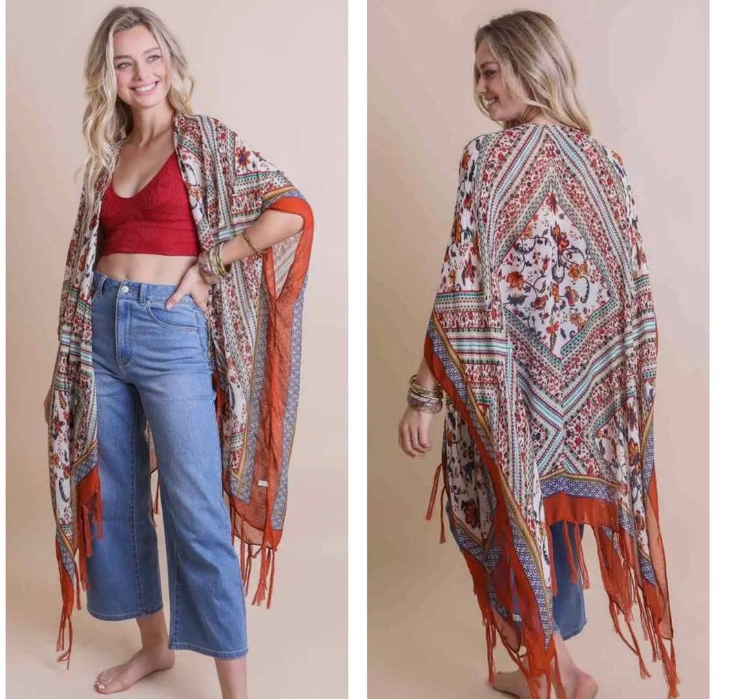 Cream & Rust multi floral medallion kimono with fringe