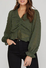Load image into Gallery viewer, Olive green long sleeve Swiss dot scrunch front top with tie
