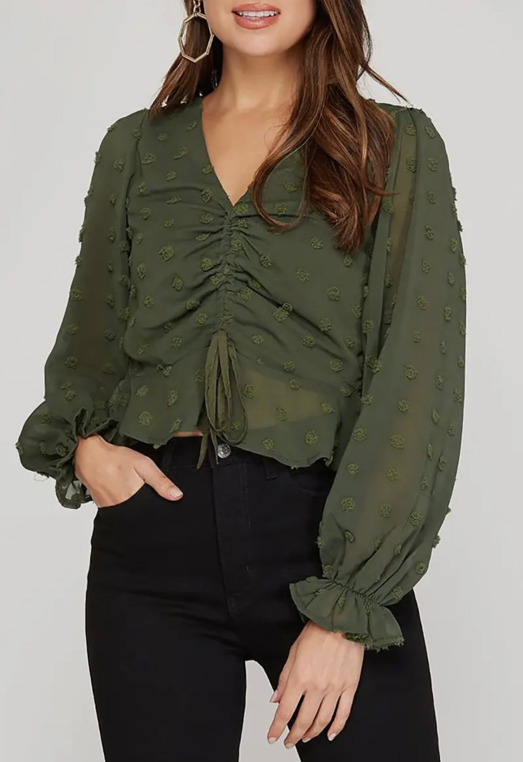 Olive green long sleeve Swiss dot scrunch front top with tie