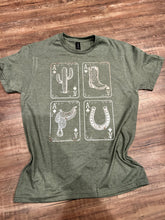 Load image into Gallery viewer, Heathered Olive Green western deck of cards t-shirt
