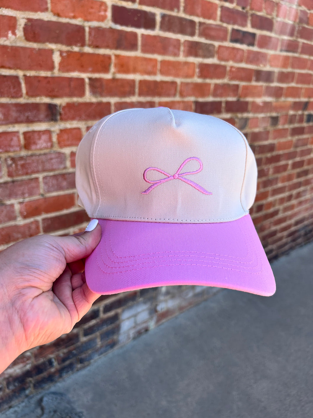 Ivory & Baby Pink Bow embroidered hat