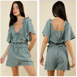 Dusty Teal short sleeve romper with tie