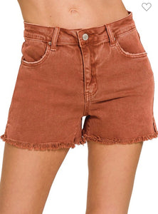 Rust tattered edge denim shorts