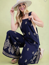 Load image into Gallery viewer, Navy &amp; mocha embroidered paisley overalls
