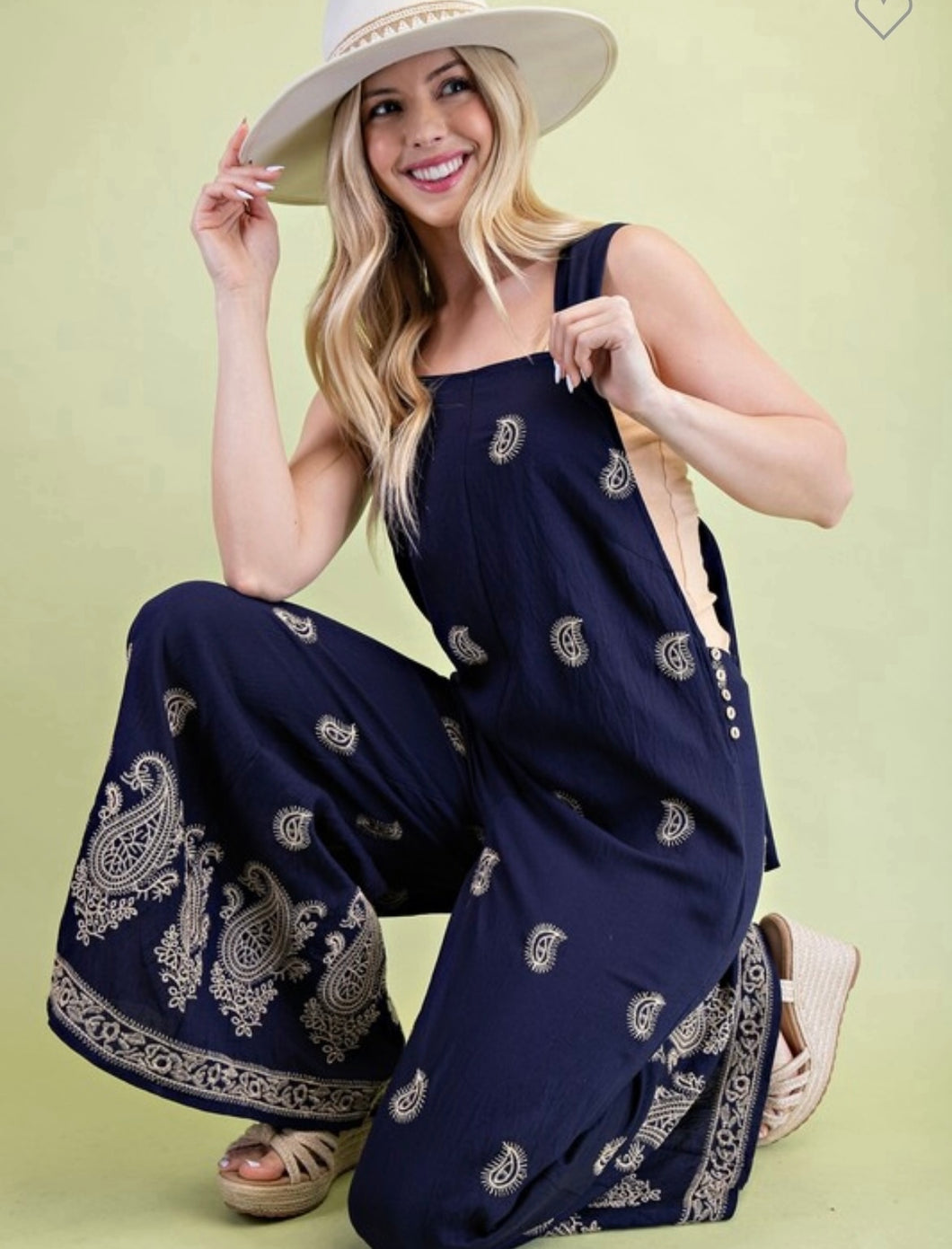 Navy & mocha embroidered paisley overalls