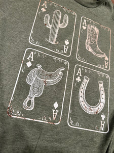 Heathered Olive Green western deck of cards t-shirt