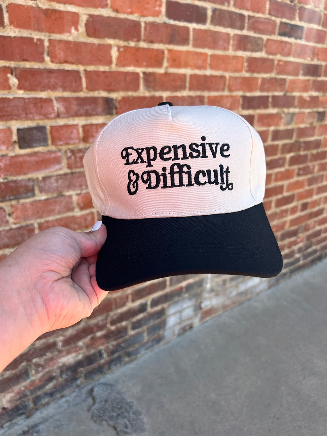 Ivory & Black Expensive & Difficult embroidered hat