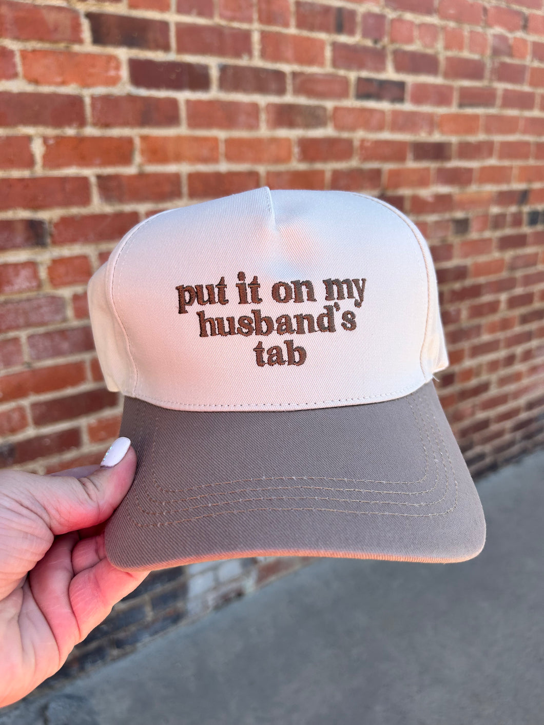 Ivory & mocha Put it on my husbands tab embroidered hat