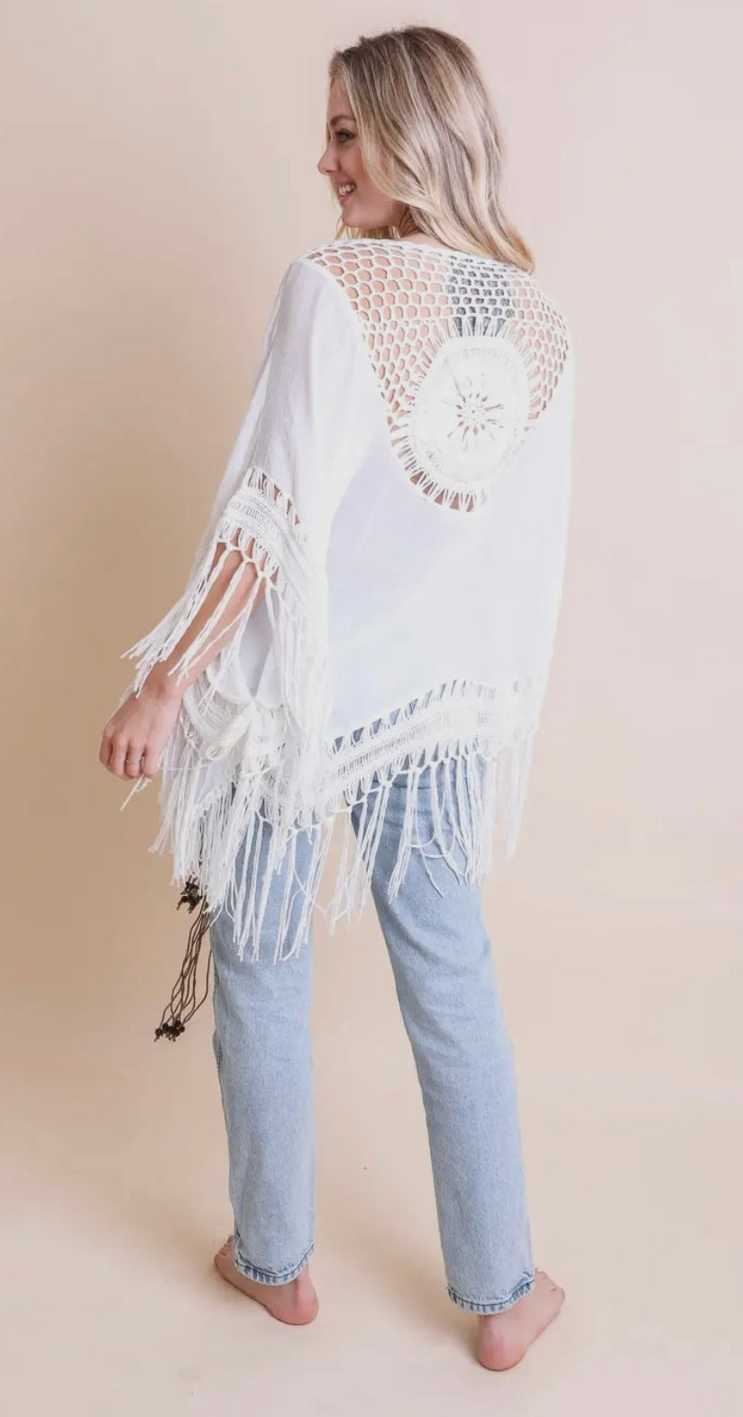 White crochet fringe kimono