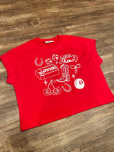 Load image into Gallery viewer, Red &amp; white yeehaw eight ball cowgirl western collage short sleeve t-shirt
