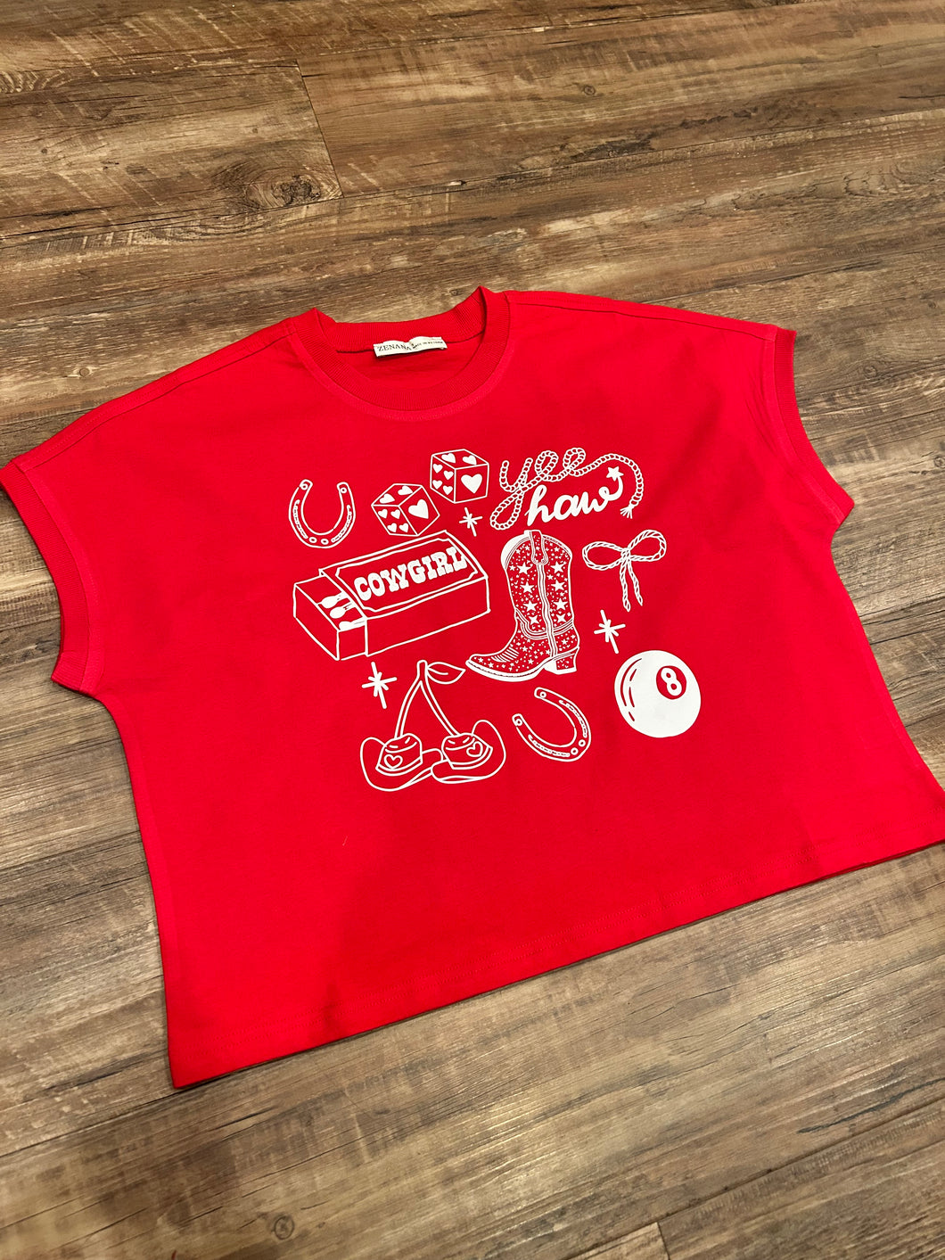 Red & white yeehaw eight ball cowgirl western collage short sleeve t-shirt