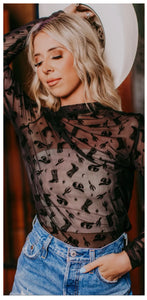 Black on black boot mesh long sleeve top