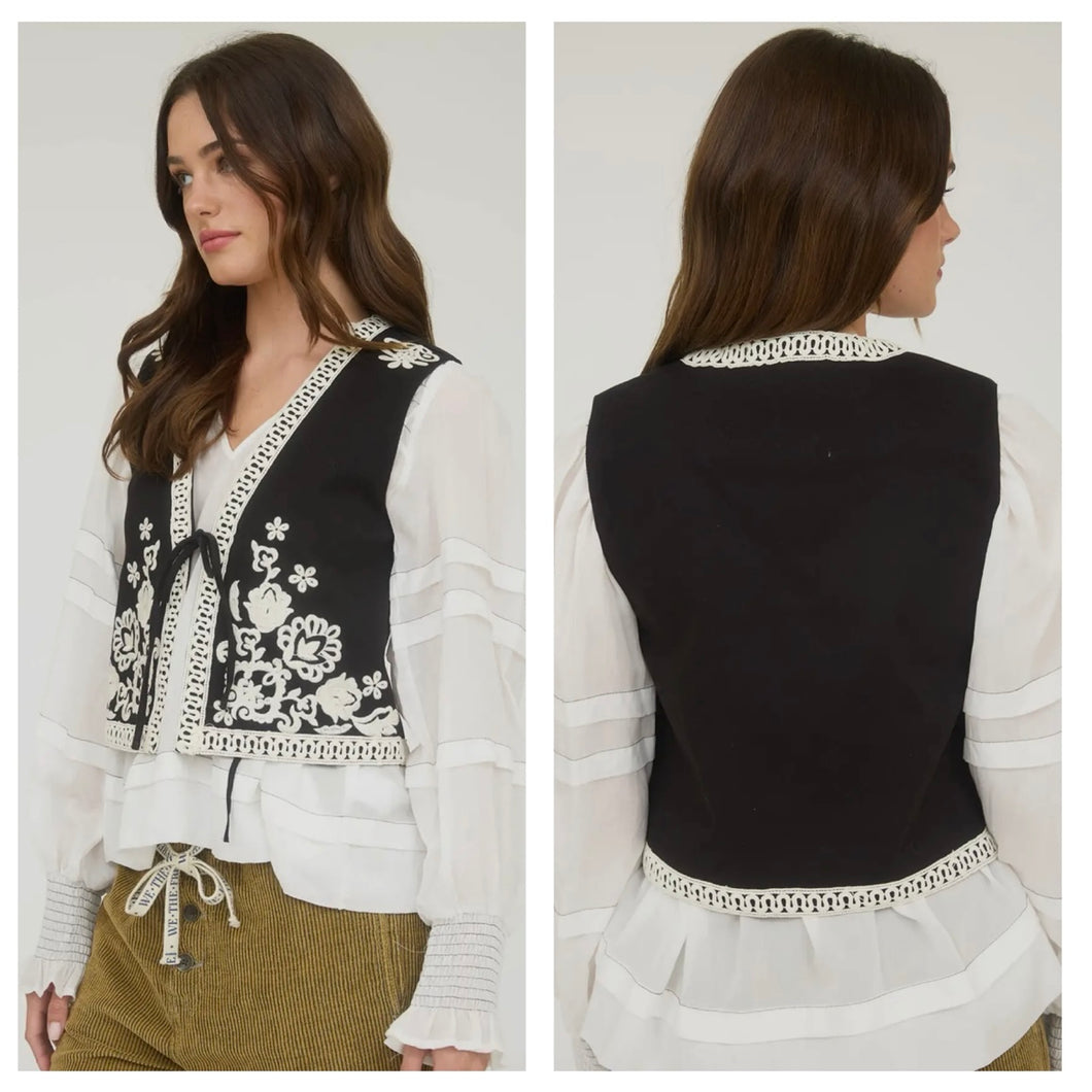 Black with Cream embroidered vest