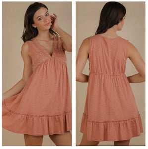 Light rust v-neck crotchet accent dress