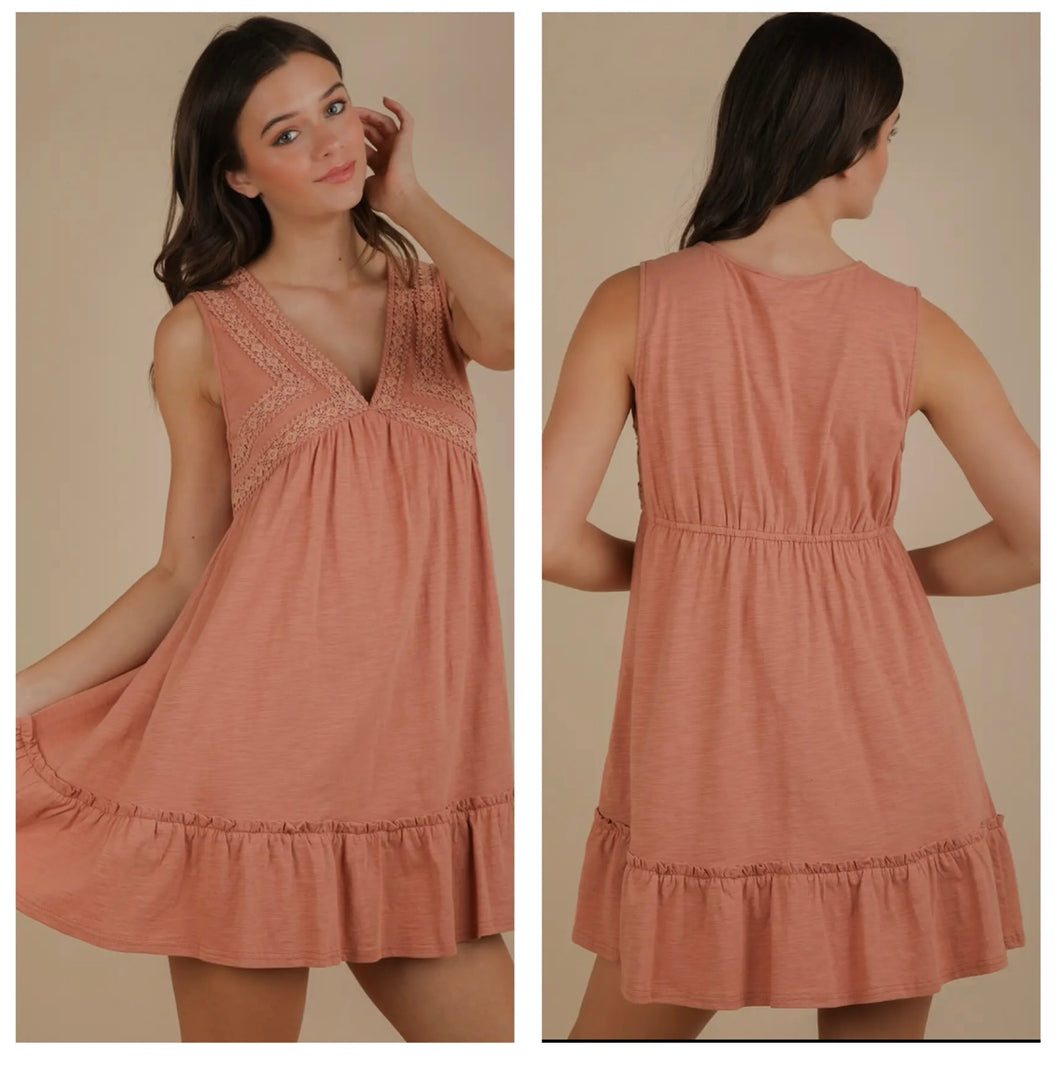 Light rust v-neck crotchet accent dress