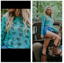 Load image into Gallery viewer, Teal with black brand long sleeve mesh top
