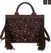 Load image into Gallery viewer, Coffee &amp; cream tooled fringe purse by Trinity Ranch
