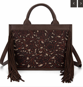 Coffee & cream tooled fringe purse by Trinity Ranch