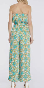 Teal, cream & mustard multi medallion strapless jumpsuit