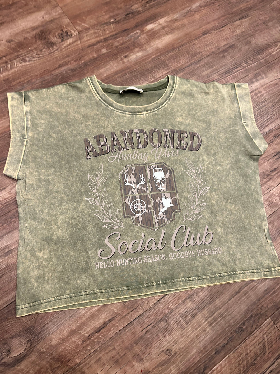 Olive green acid wash abandoned wives hunting social club t-shirt