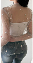 Load image into Gallery viewer, Ivory embroidered floral mesh long sleeve top
