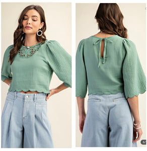 Sage green 3/4 sleeve top with eyelet