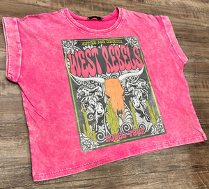 Hot pink acid wash hippies & cowboys steer head t-shirt