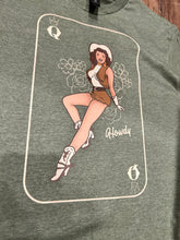 Load image into Gallery viewer, Heathered Olive green queen pin up cowgirl western t-shirt
