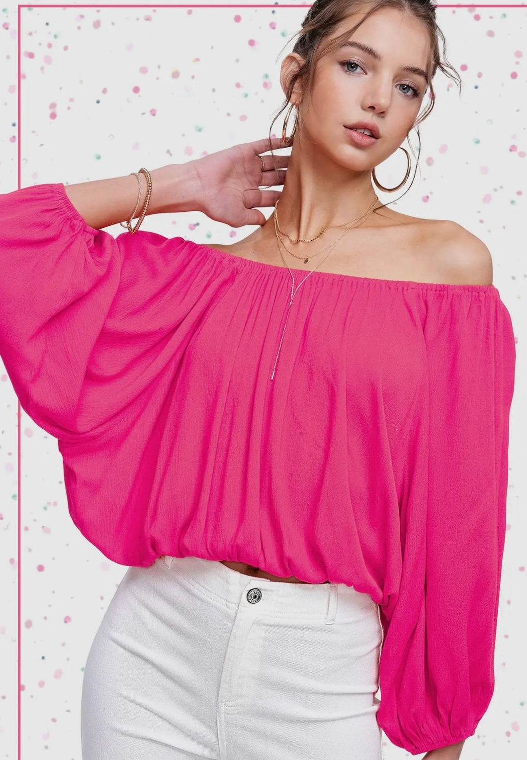 Hot Pink 3/4 sleeve off the shoulder top