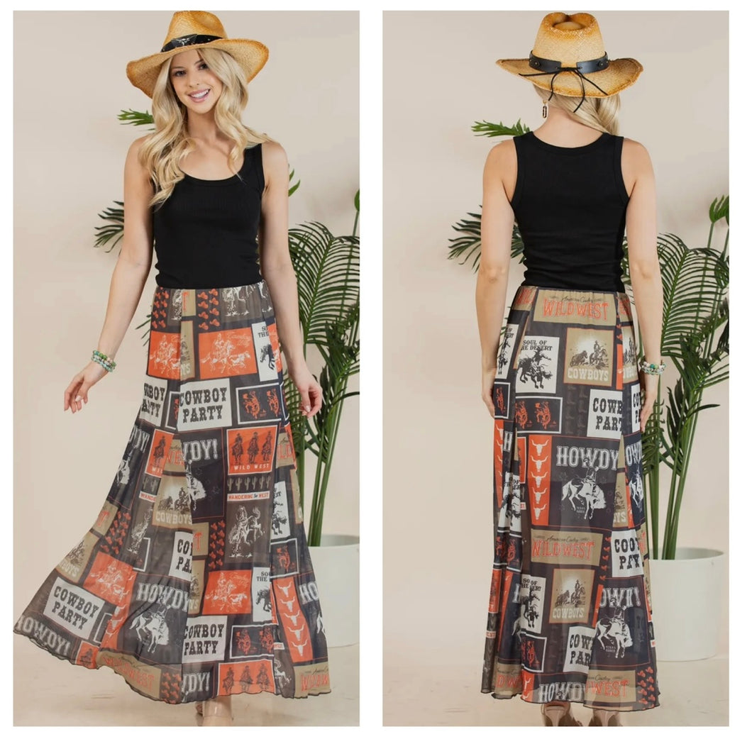 Black, orange, mocha & ivory patchwork rodeo mesh skirt