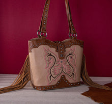Load image into Gallery viewer, Tan, pink &amp; saddle brown boot stitch embroidered fringe purse by Montana west
