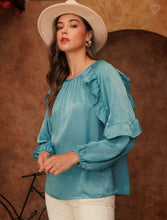Load image into Gallery viewer, Mineral Blue satin long sleeve top
