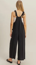 Load image into Gallery viewer, Black Linen overalls with bow tie strap
