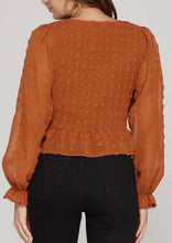Load image into Gallery viewer, Rust long sleeve Swiss dot scrunch front top with tie
