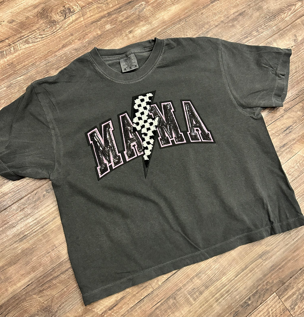 Mama checkered lightning bolt sequin patch short sleeve
