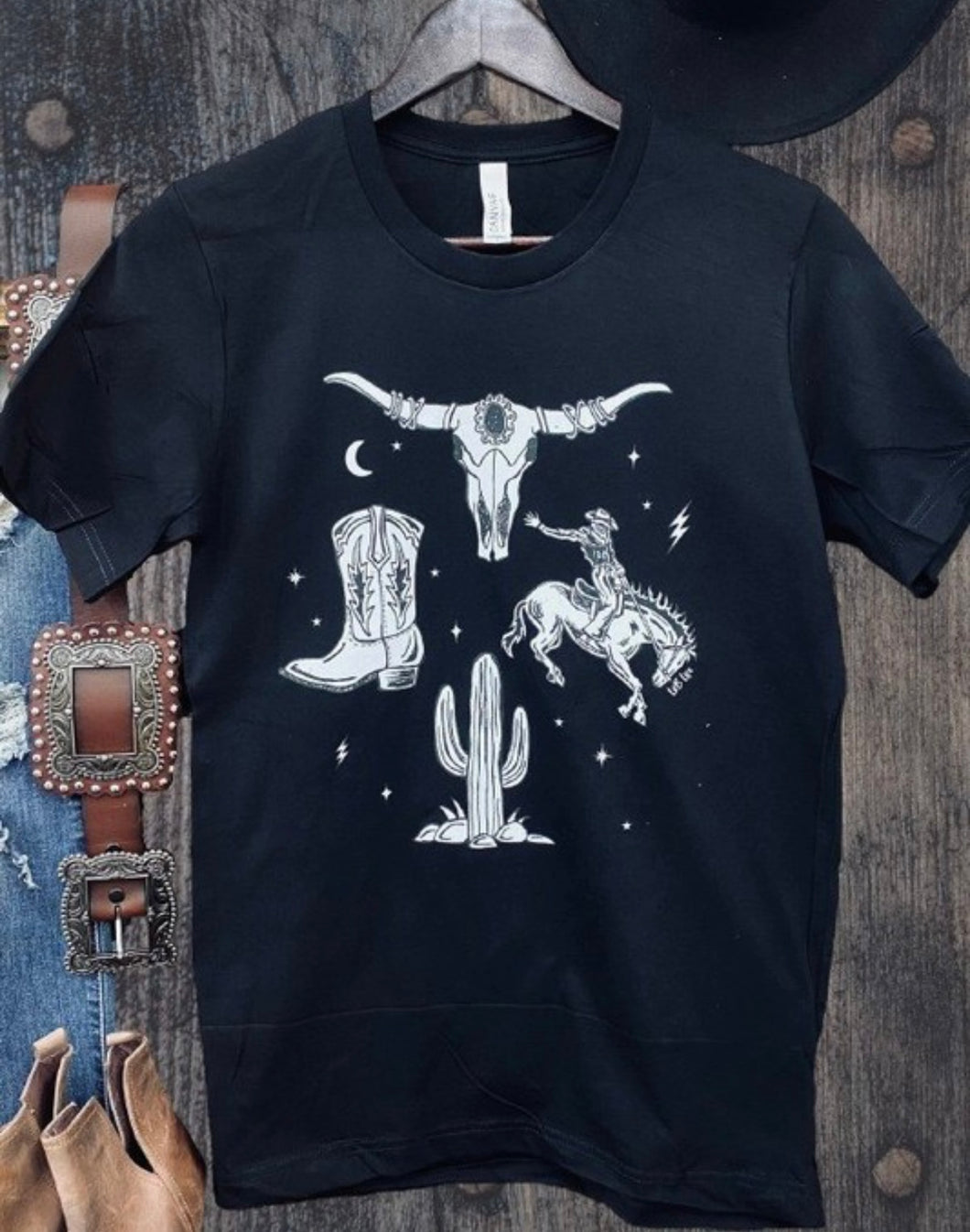 Black & western collage steerhead, boot, bucking horse & cactus t-shirt