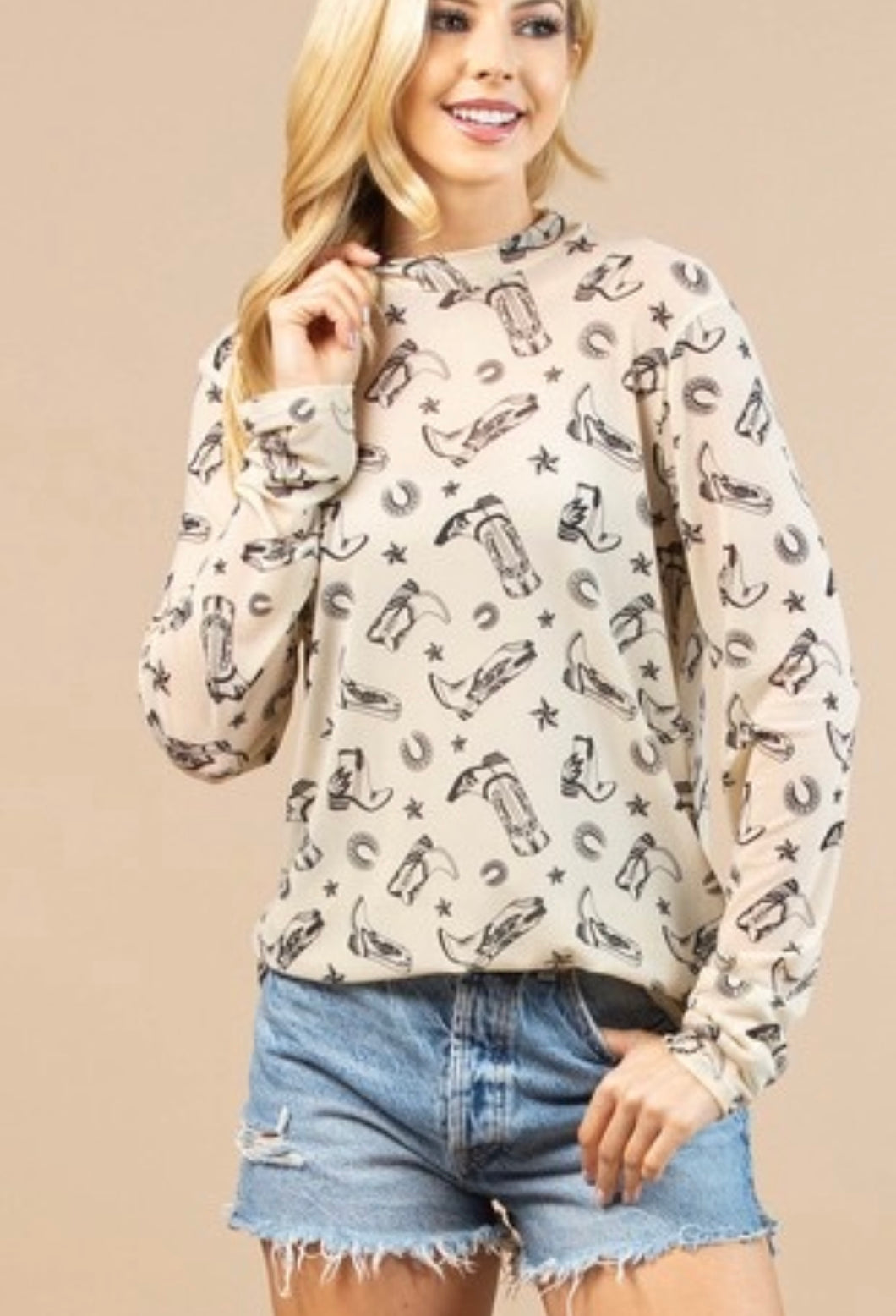 Cream with black boots & spurs mesh top